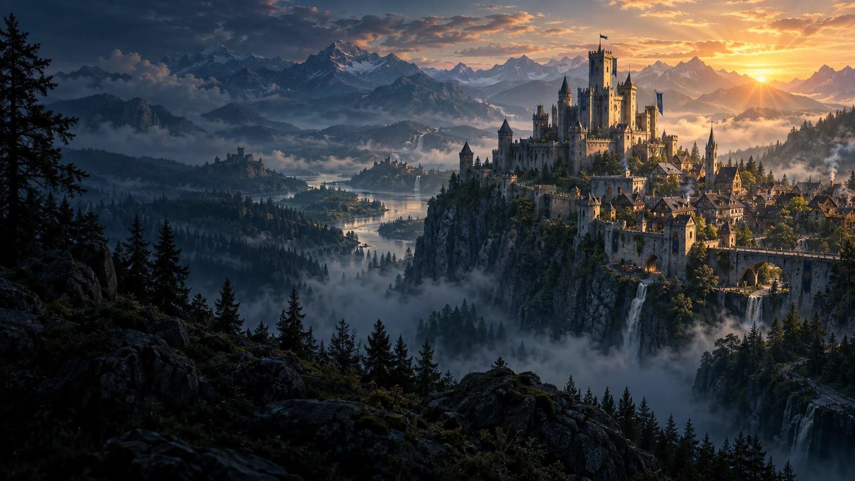 Ilustracja fantastycznej twierdzy pośród gór i lasów